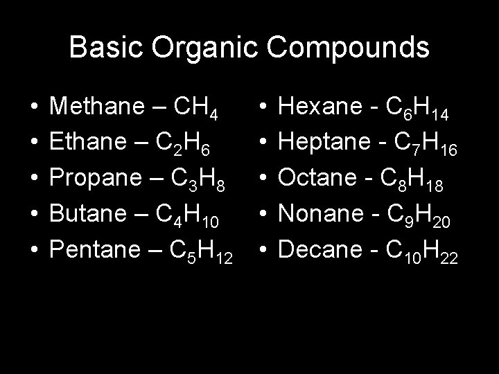 Basic Organic Compounds • • • Methane – CH 4 Ethane – C 2