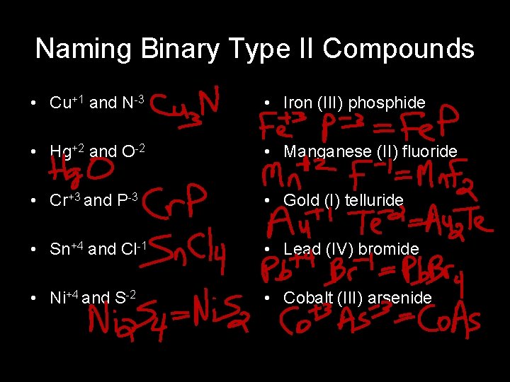 Naming Binary Type II Compounds • Cu+1 and N-3 • Iron (III) phosphide •