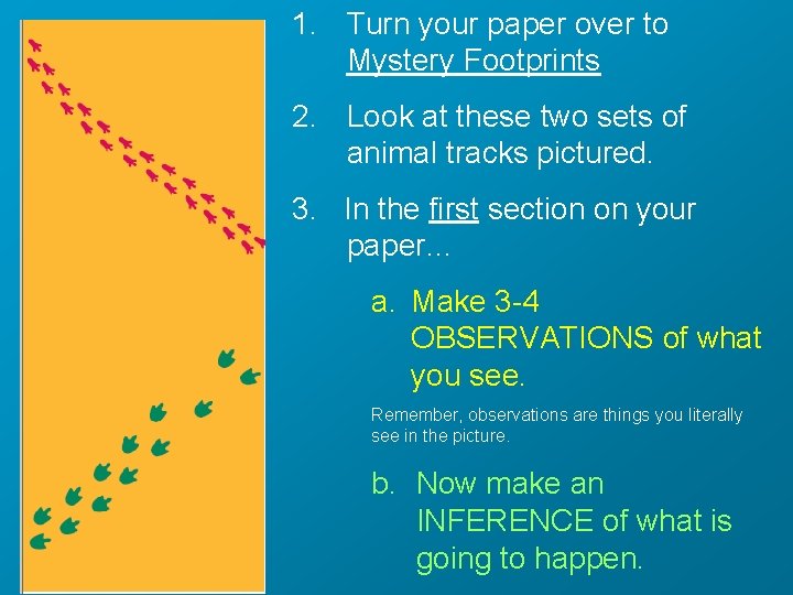 1. Turn your paper over to Mystery Footprints 2. Look at these two sets