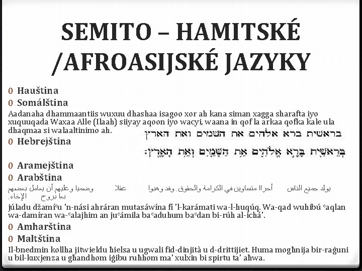 SEMITO – HAMITSKÉ /AFROASIJSKÉ JAZYKY 0 Hauština 0 Somálština Aadanaha dhammaantiis wuxuu dhashaa isagoo