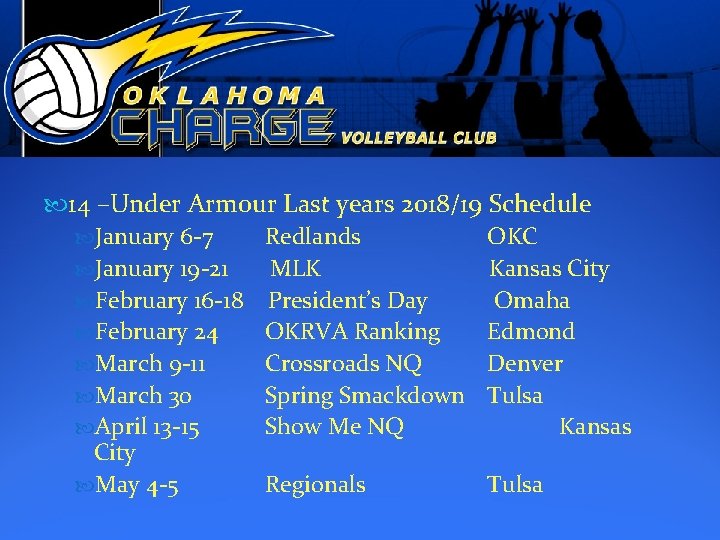  14 –Under Armour Last years 2018/19 Schedule January 6 -7 Redlands OKC January