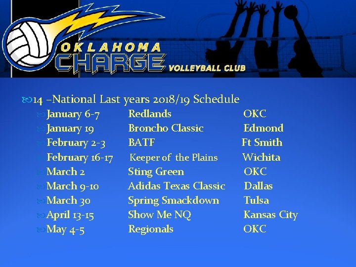  14 –National Last years 2018/19 Schedule January 6 -7 February 2 -3 Redlands