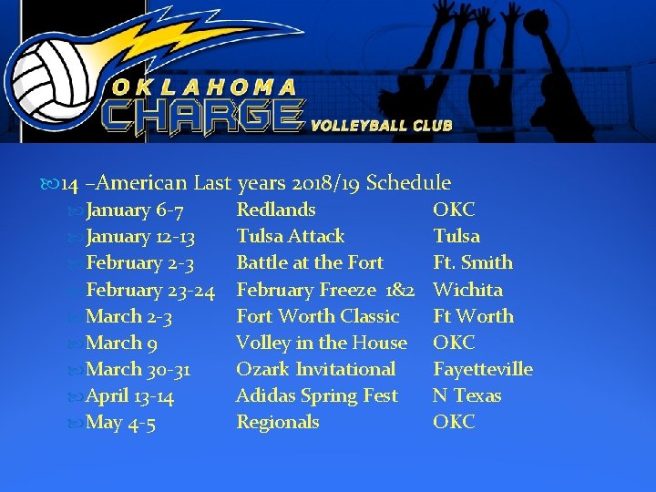  14 –American Last years 2018/19 Schedule January 6 -7 January 12 -13 February
