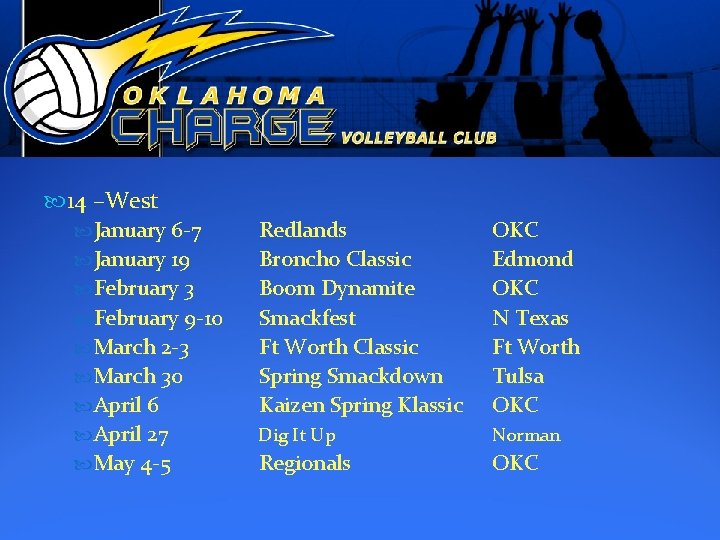  14 –West January 6 -7 April 6 Redlands Broncho Classic Boom Dynamite Smackfest