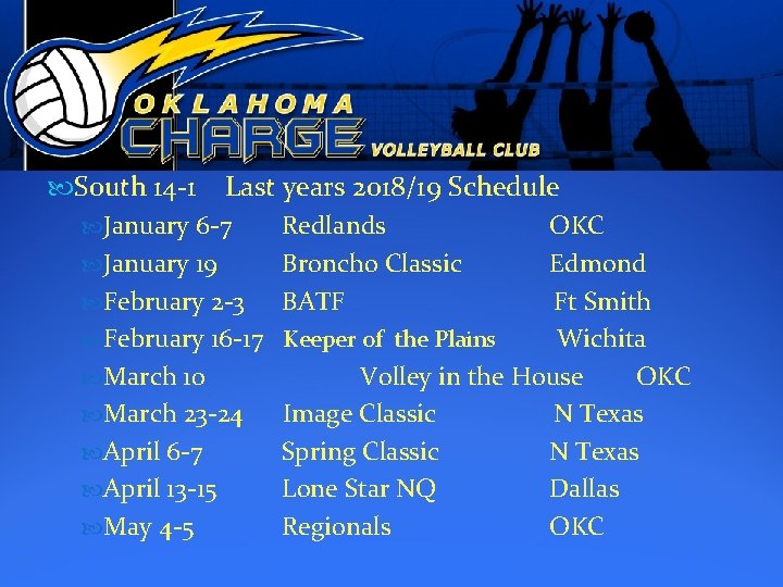  South 14 -1 Last years 2018/19 Schedule January 6 -7 Redlands OKC January