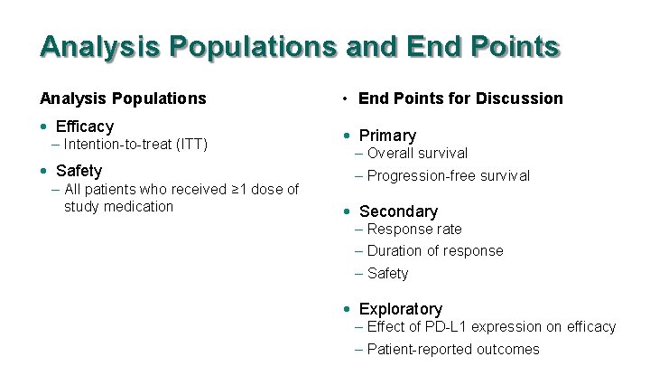 Analysis Populations and End Points Analysis Populations • Efficacy – Intention-to-treat (ITT) • Safety