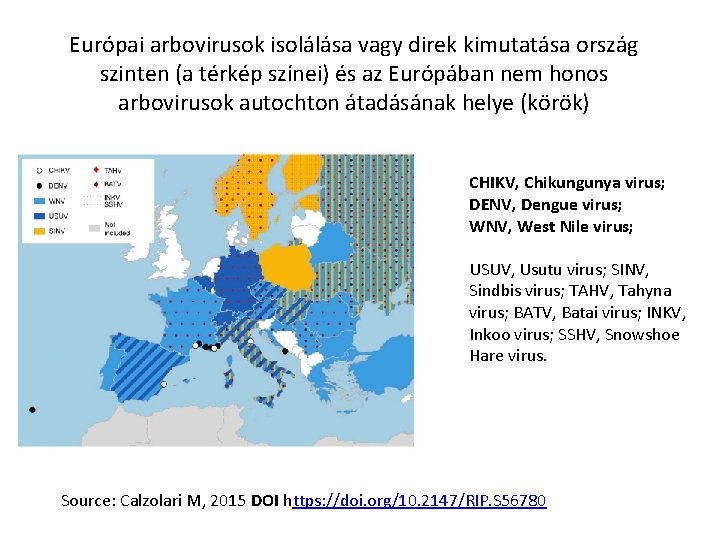 Európai arbovirusok isolálása vagy direk kimutatása ország szinten (a térkép színei) és az Európában