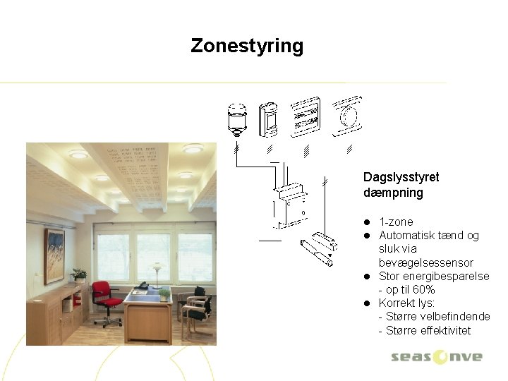 Zonestyring Dagslysstyret dæmpning 1 -zone Automatisk tænd og sluk via bevægelsessensor l Stor energibesparelse