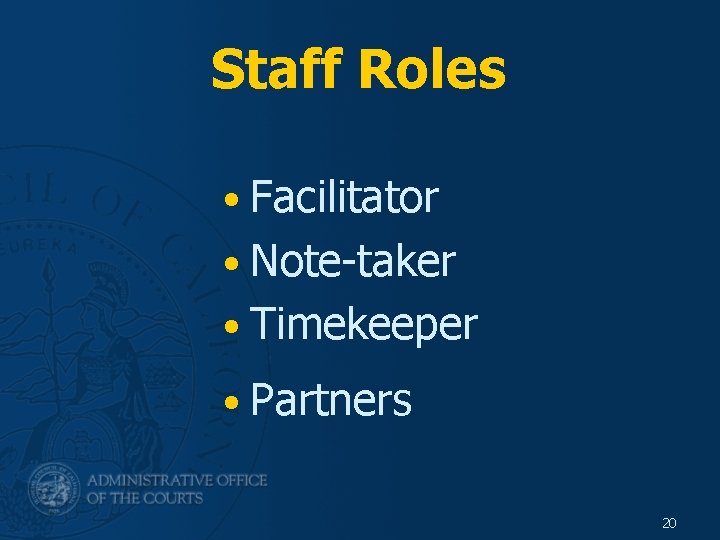 Staff Roles • Facilitator • Note-taker • Timekeeper • Partners 20 