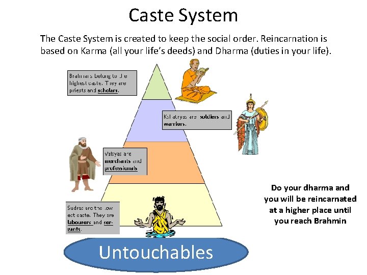 Caste System The Caste System is created to keep the social order. Reincarnation is