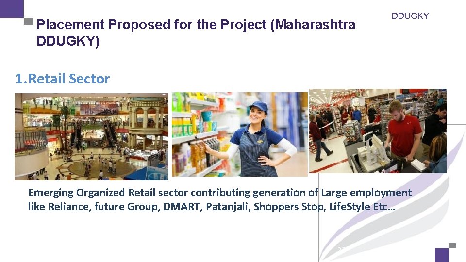 Placement Proposed for the Project (Maharashtra DDUGKY) DDUGKY 1. Retail Sector Emerging Organized Retail