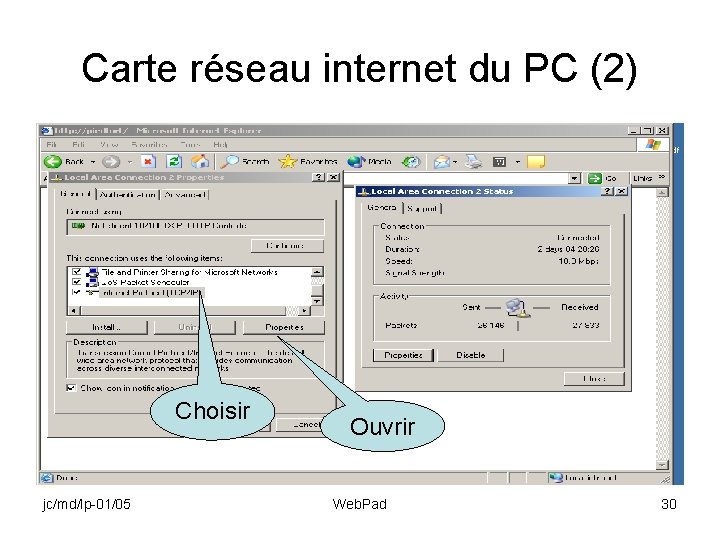 Carte réseau internet du PC (2) Choisir jc/md/lp-01/05 Ouvrir Web. Pad 30 