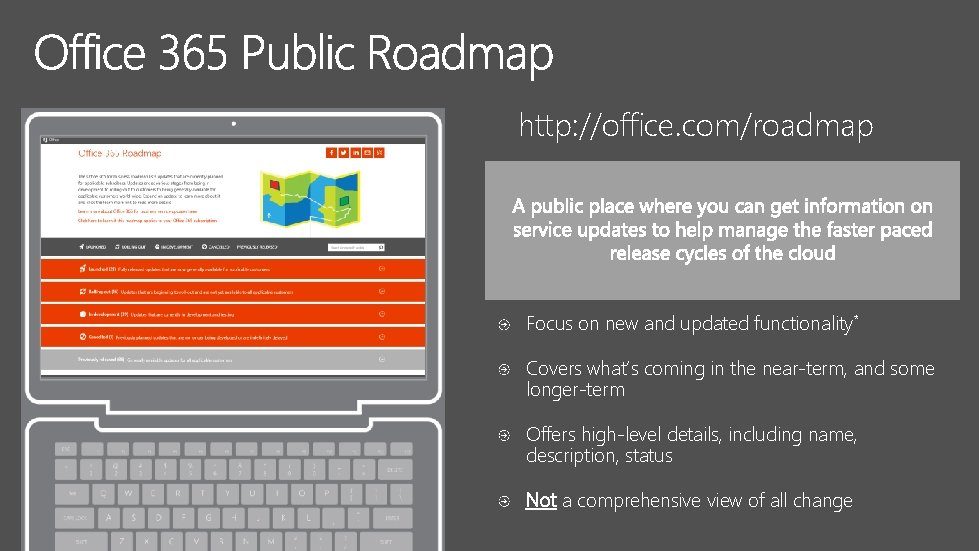 http: //office. com/roadmap Focus on new and updated functionality* Covers what’s coming in the