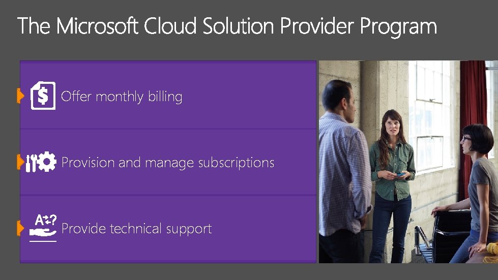 Offer monthly billing Provision and manage subscriptions Provide technical support 