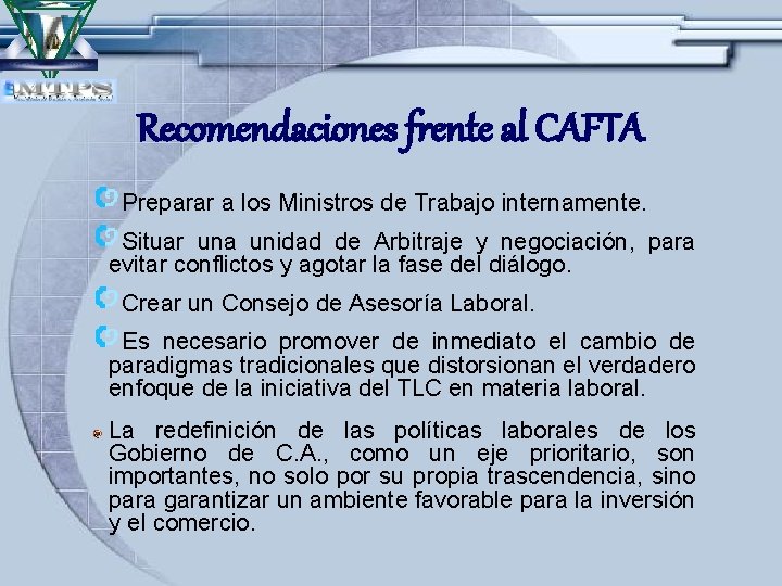 Recomendaciones frente al CAFTA Preparar a los Ministros de Trabajo internamente. Situar una unidad