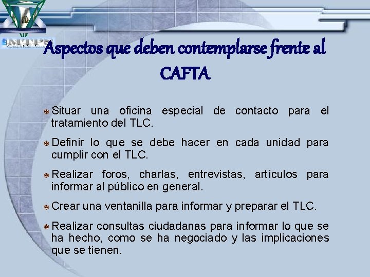 Aspectos que deben contemplarse frente al CAFTA Situar una oficina especial de contacto para