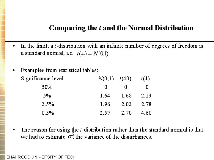 Comparing the t and the Normal Distribution • In the limit, a t-distribution with