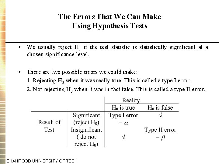The Errors That We Can Make Using Hypothesis Tests • We usually reject H