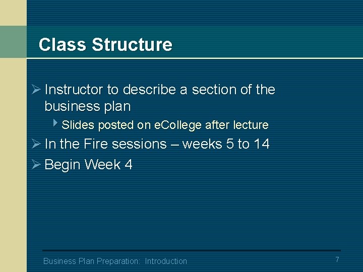 Class Structure Ø Instructor to describe a section of the business plan 4 Slides