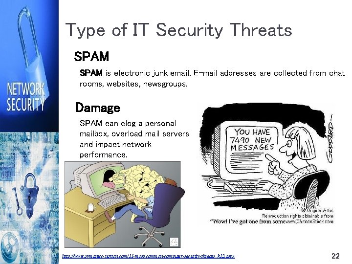 Type of IT Security Threats SPAM is electronic junk email. E-mail addresses are collected