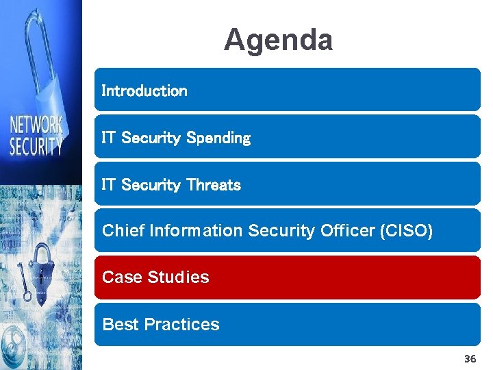 Agenda Introduction IT Security Spending IT Security Threats Chief Information Security Officer (CISO) Case