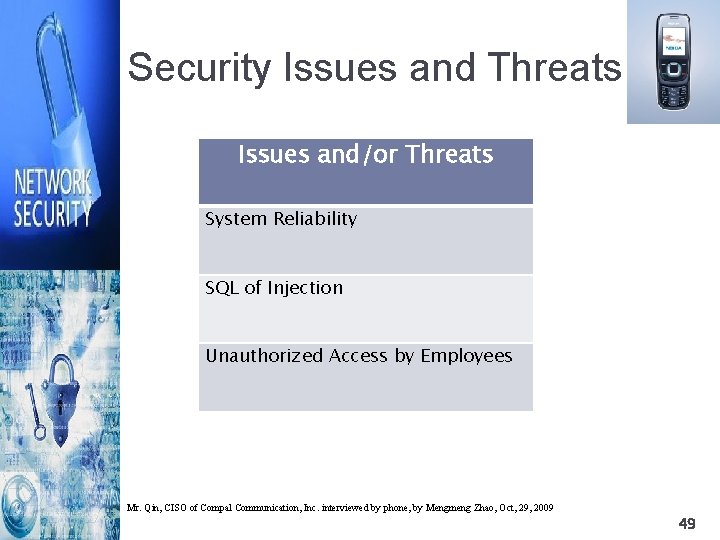 Security Issues and Threats Issues and/or Threats System Reliability SQL of Injection Unauthorized Access