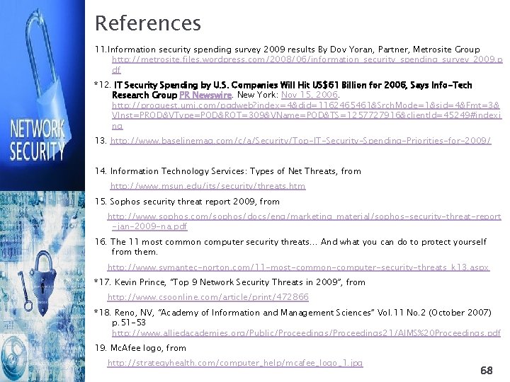 References 11. Information security spending survey 2009 results By Dov Yoran, Partner, Metrosite Group