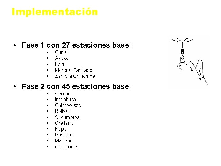 Implementación • Fase 1 con 27 estaciones base: • • • Cañar Azuay Loja