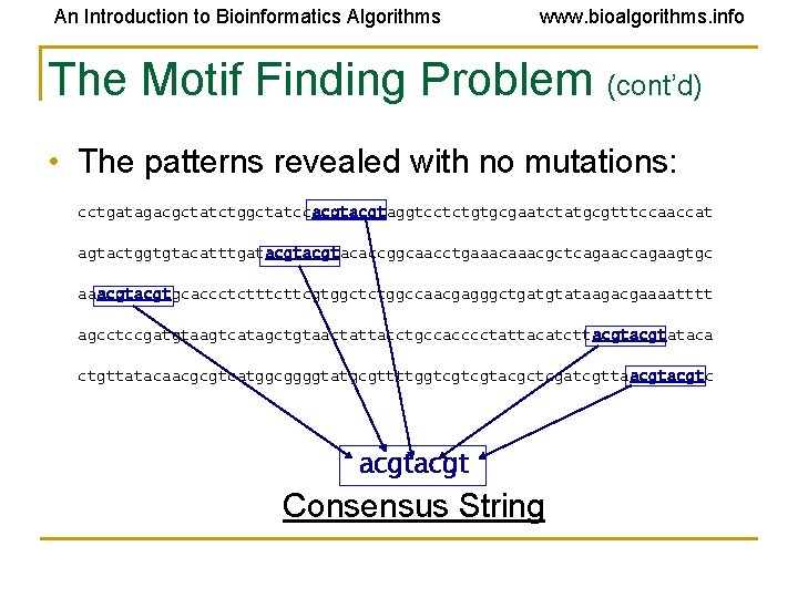 An Introduction to Bioinformatics Algorithms www. bioalgorithms. info The Motif Finding Problem (cont’d) • An Introduction to Bioinformatics Algorithms www. bioalgorithms. info The Motif Finding Problem (cont’d) •
