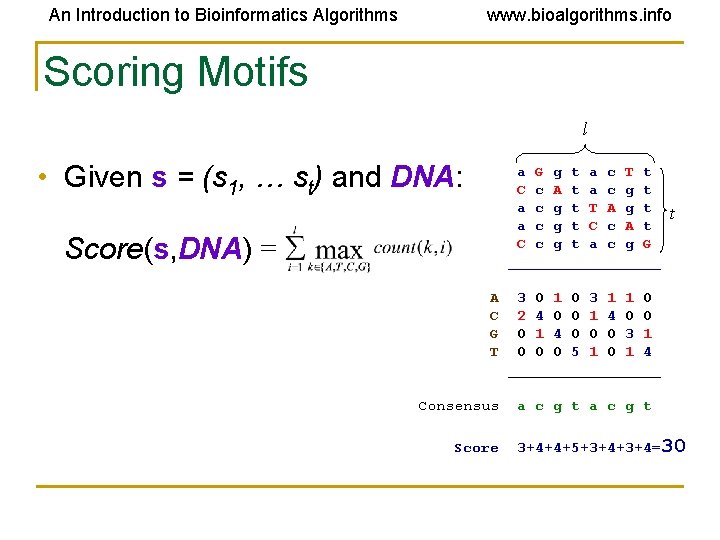 An Introduction to Bioinformatics Algorithms www. bioalgorithms. info Scoring Motifs l • Given s An Introduction to Bioinformatics Algorithms www. bioalgorithms. info Scoring Motifs l • Given s