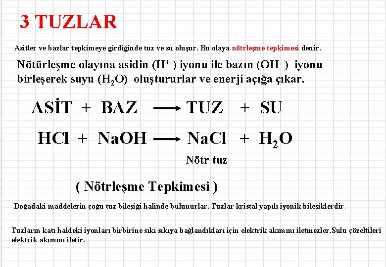 3 TUZLAR Asitler ve bazlar tepkimeye girdiğinde tuz ve su oluşur. Bu olaya nötrleşme