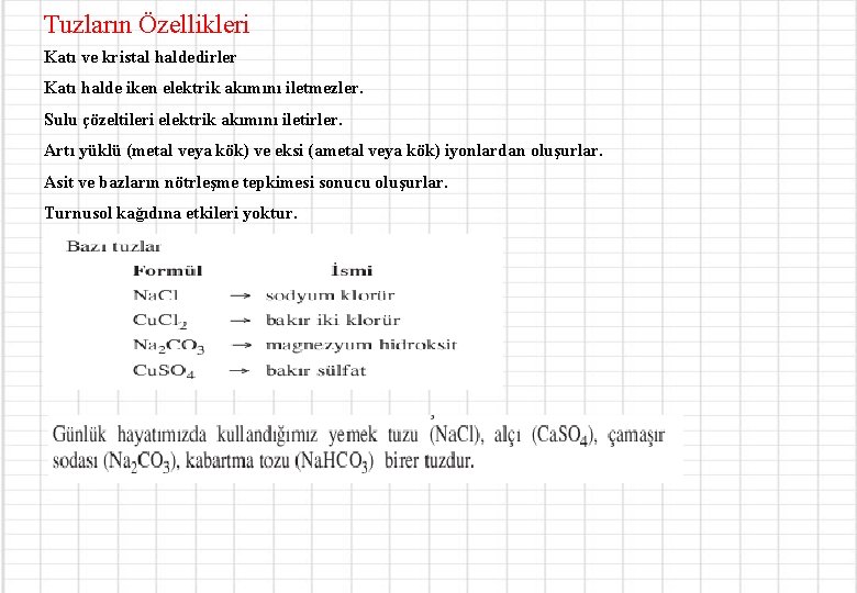 Tuzların Özellikleri Katı ve kristal haldedirler Katı halde iken elektrik akımını iletmezler. Sulu çözeltileri