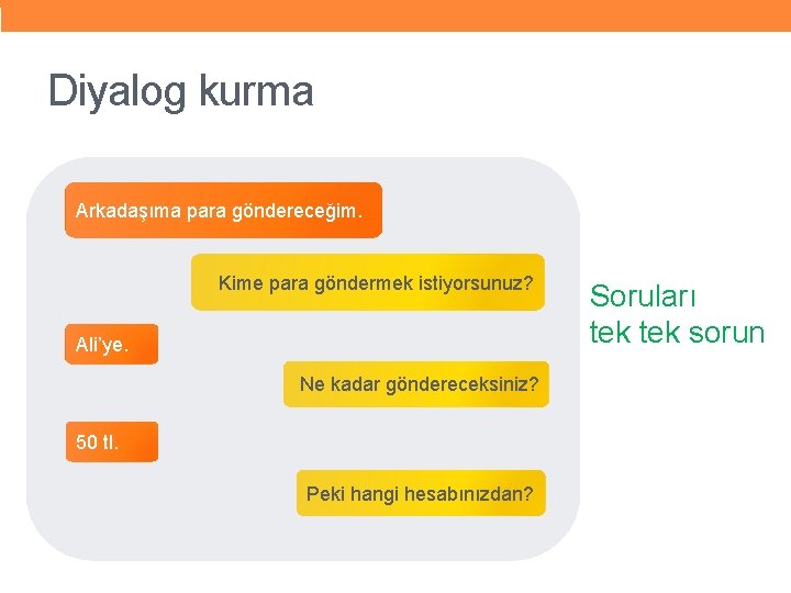 Diyalog kurma Arkadaşıma para göndereceğim. Kime para göndermek istiyorsunuz? Ali’ye. Ne kadar göndereceksiniz? 50