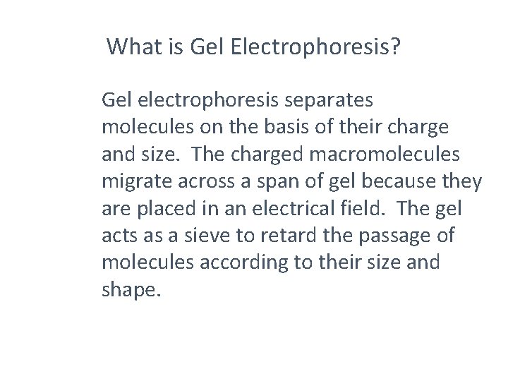 What is Gel Electrophoresis? Gel electrophoresis separates molecules on the basis of their charge