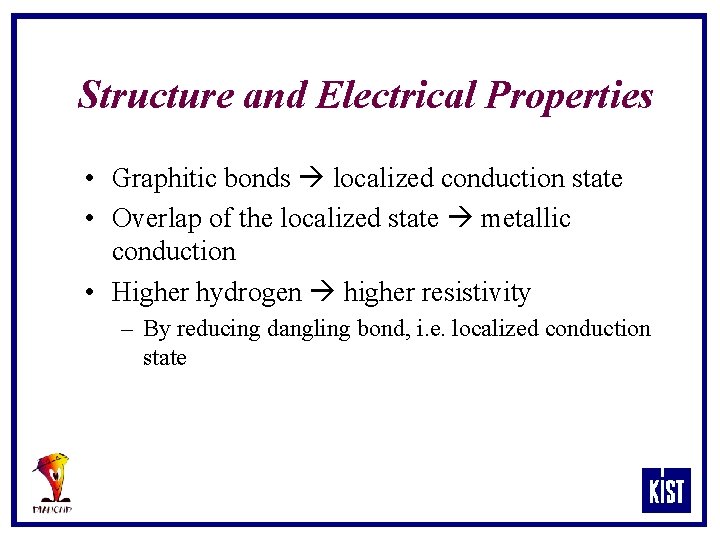 Structure and Electrical Properties • Graphitic bonds localized conduction state • Overlap of the