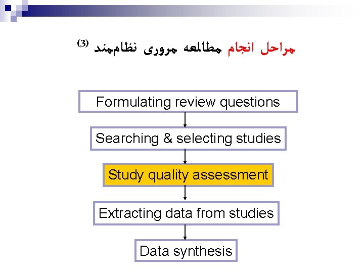 ( 3) ﻣﺮﺍﺣﻞ ﺍﻧﺠﺎﻡ ﻣﻄﺎﻟﻌﻪ ﻣﺮﻭﺭی ﻧﻈﺎﻡﻣﻨﺪ Formulating review questions Searching & selecting studies