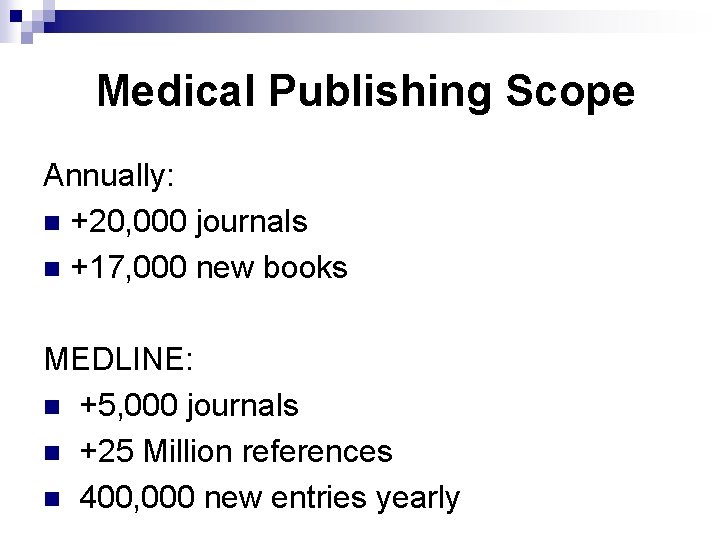 Medical Publishing Scope Annually: n +20, 000 journals n +17, 000 new books MEDLINE: