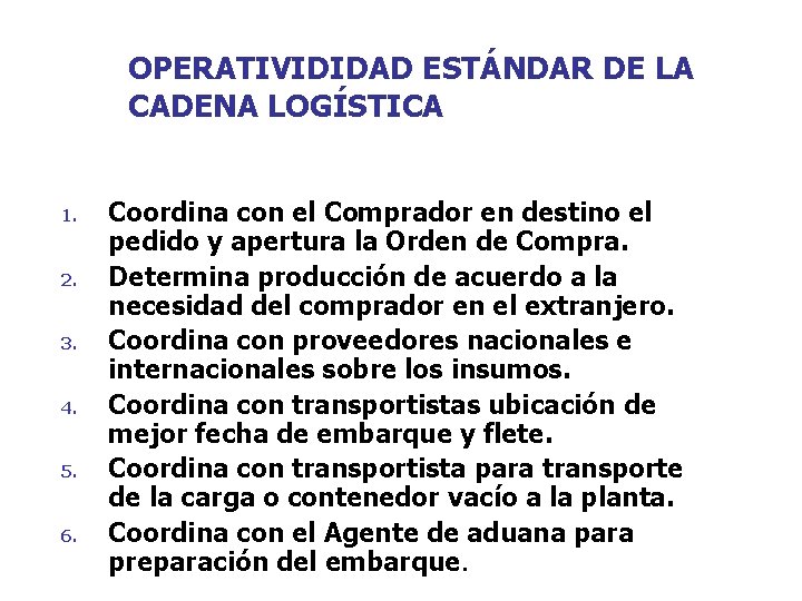 OPERATIVIDIDAD ESTÁNDAR DE LA CADENA LOGÍSTICA 1. 2. 3. 4. 5. 6. Coordina con