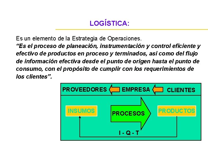 LOGÍSTICA: Es un elemento de la Estrategia de Operaciones. “Es el proceso de planeación,