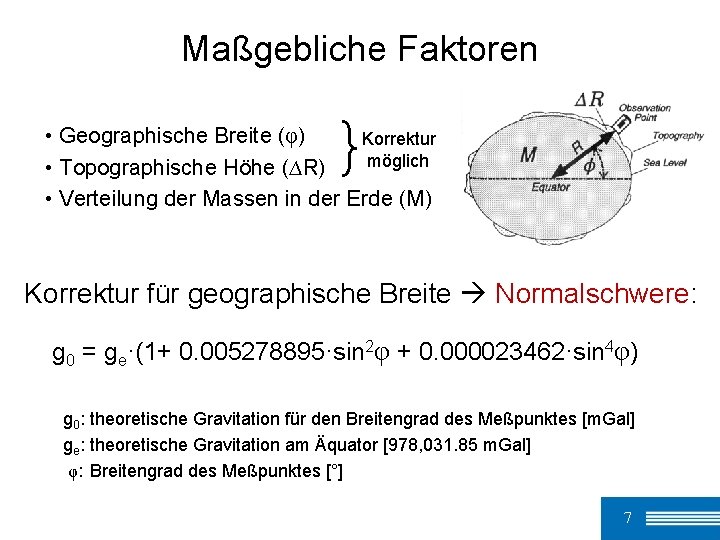 Maßgebliche Faktoren • Geographische Breite (φ) Korrektur möglich • Topographische Höhe (∆R) • Verteilung