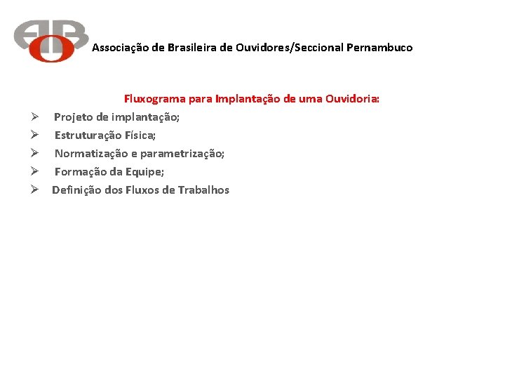 Associação de Brasileira de Ouvidores/Seccional Pernambuco Ø Ø Ø Fluxograma para Implantação de uma