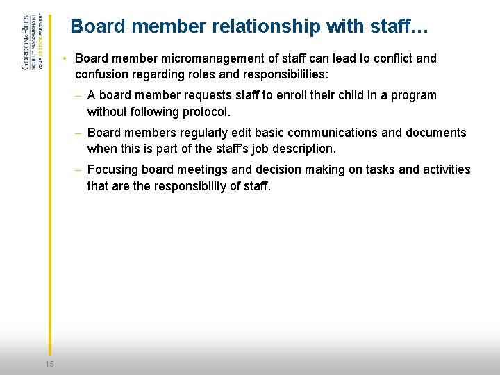 Board member relationship with staff… • Board member micromanagement of staff can lead to