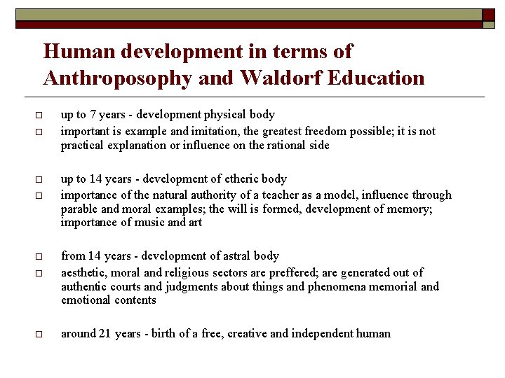 Human development in terms of Anthroposophy and Waldorf Education up to 7 years -
