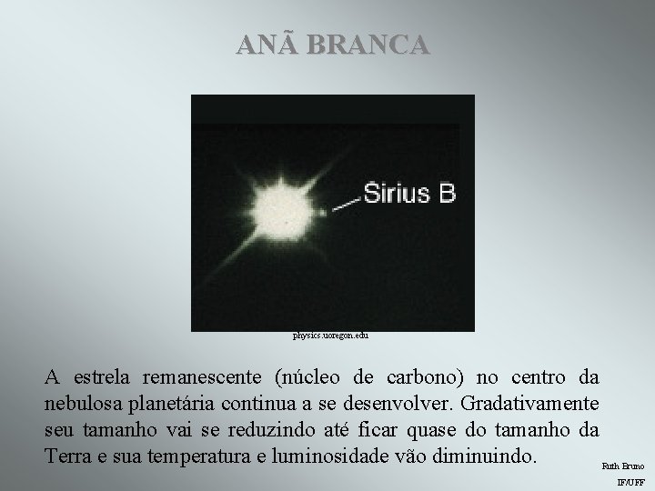 ANÃ BRANCA physics. uoregon. edu A estrela remanescente (núcleo de carbono) no centro da