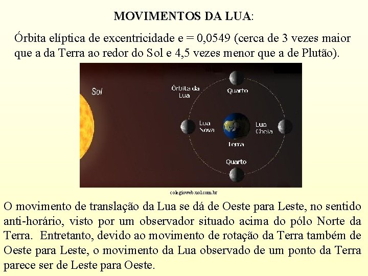 MOVIMENTOS DA LUA: LUA Órbita elíptica de excentricidade e = 0, 0549 (cerca de