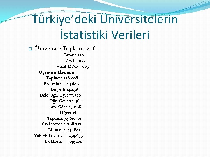 Türkiye’deki Üniversitelerin İstatistiki Verileri � Üniversite Toplam : 206 Kamu: 129 Özel: 072 Vakıf