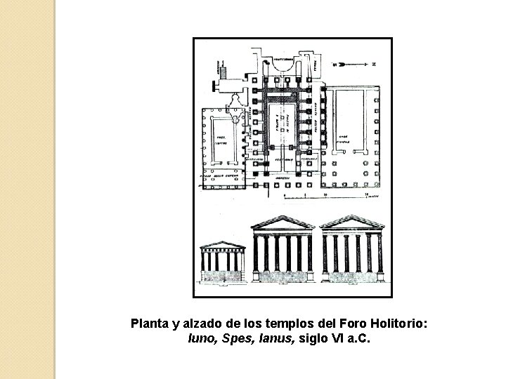 Planta y alzado de los templos del Foro Holitorio: Iuno, Spes, Ianus, siglo VI