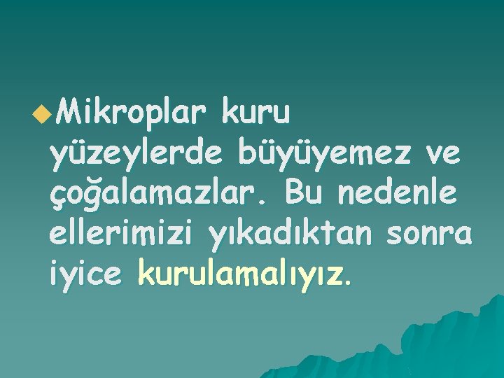 u. Mikroplar kuru yüzeylerde büyüyemez ve çoğalamazlar. Bu nedenle ellerimizi yıkadıktan sonra iyice kurulamalıyız.