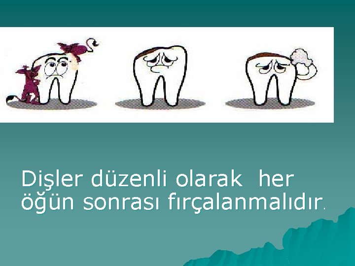 Dişler düzenli olarak her öğün sonrası fırçalanmalıdır. 