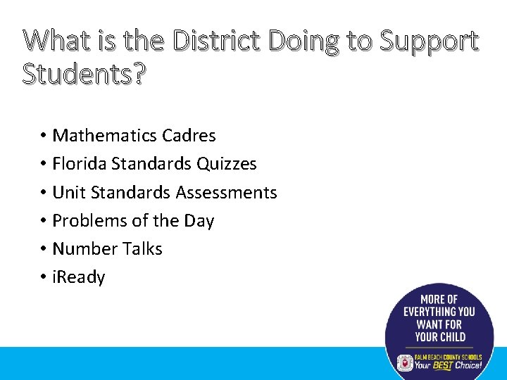 What is the District Doing to Support Students? • Mathematics Cadres • Florida Standards